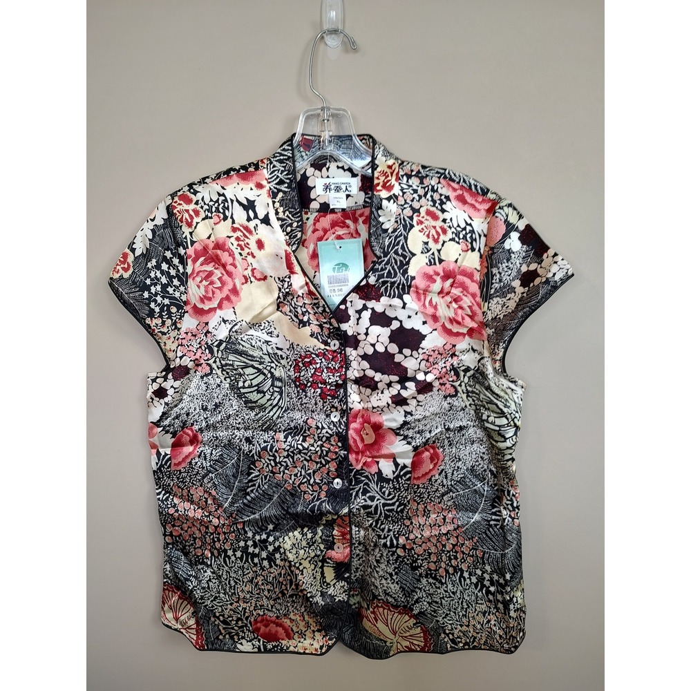 Yang Canren Women 100% Silk Floral Butterfly Mandarin Collar Blouse Red Black XL